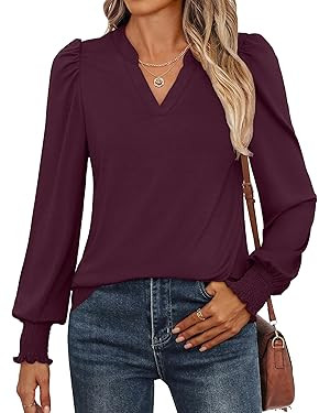 ANRABESS Women's Puff Long Sleeve Shirts V Neck Loose T-Shirts Dressy Casual Work Blouses 2025 Fa... | Amazon (US)