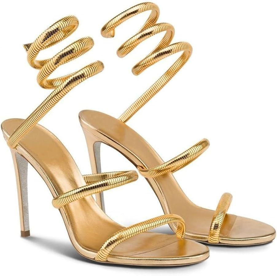 Gold Heels for Women, High Heels with Spiral, 4.17" Stiletto Heeled Sandals for Dressy Women, Lac... | Amazon (US)