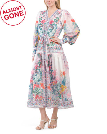 Long Sleeve Floral Drop Waist Maxi Dress With Waist Tie Belt | TJ Maxx