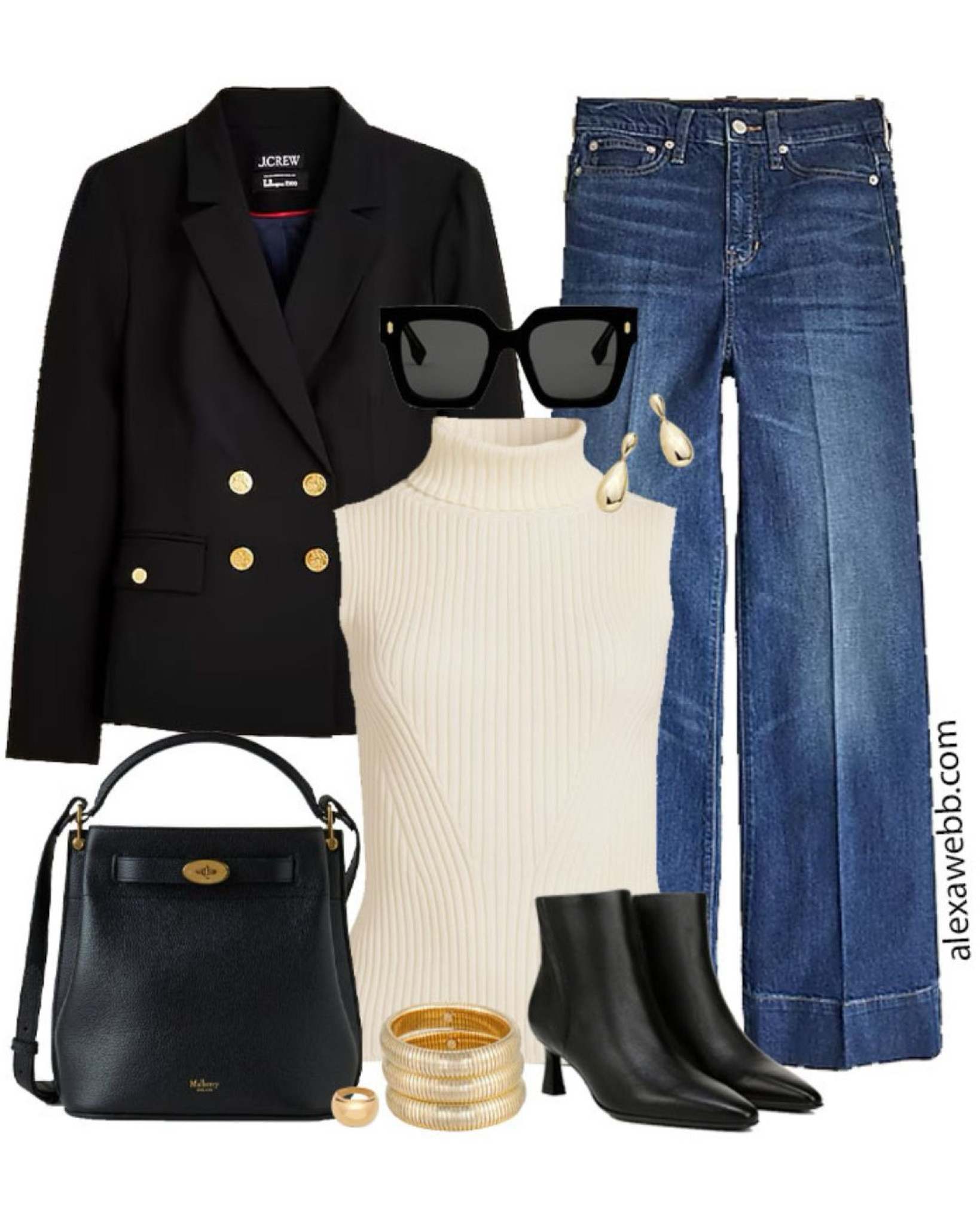 Plus Size Black Blazer Outfits - A plus size outfit idea for fall with a black blazer and wide leg jeans. An ivory sleeveless turtleneck sweater and black ankle booties. I love this for day or night. Alexa Webb

#LTKStyleTip #LTKPlusSize #LTKShoeCrush