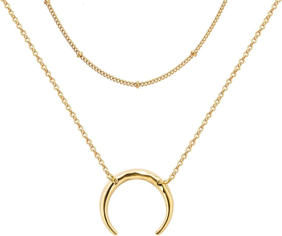 Estendly Dainty Gold Layered Bar Neckalce Moon Pendant Lariat Y Necklace 14K Gold Simple Necklace... | Amazon (US)