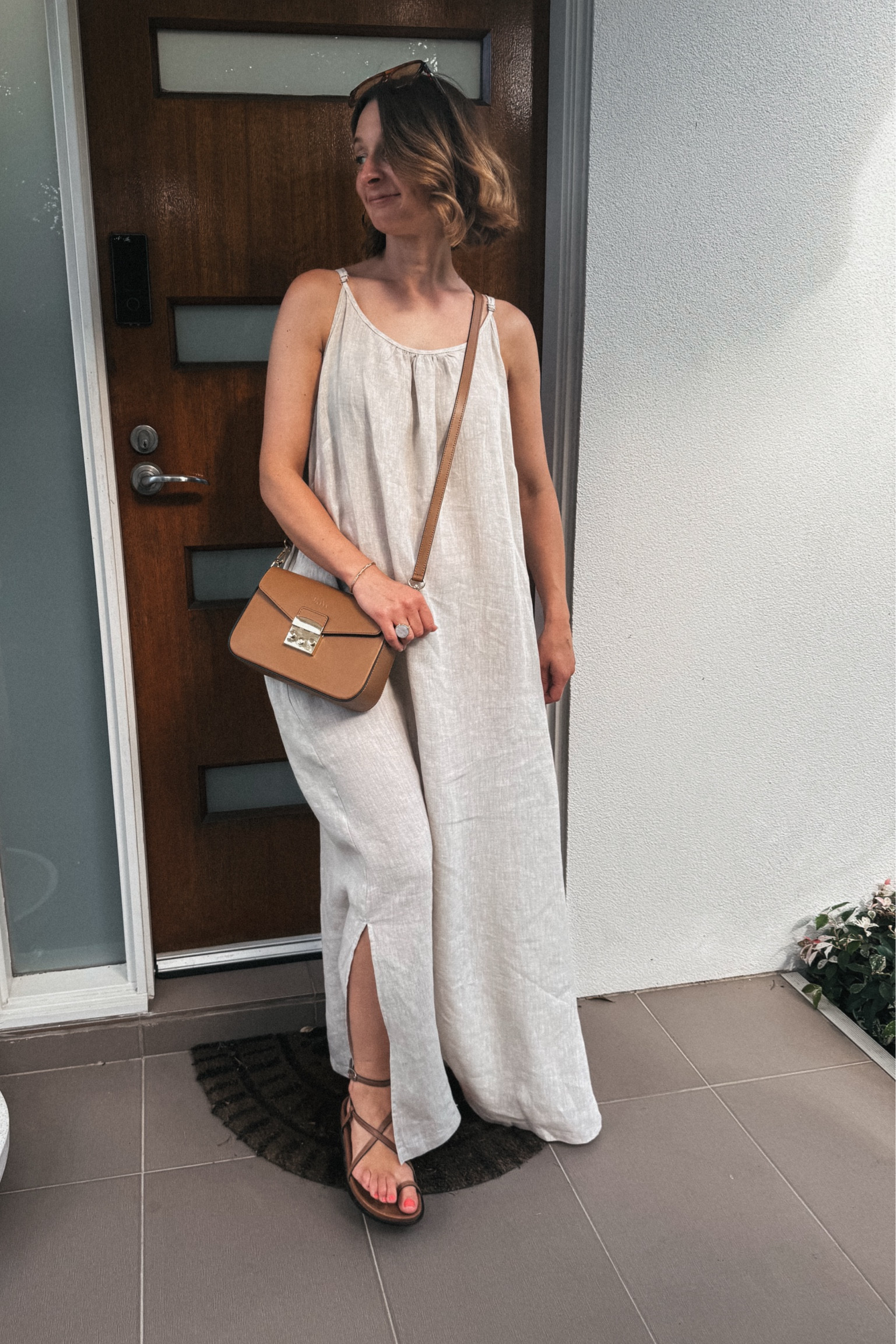 Dress - Montaigne Paris Virginie Linen Maxi Dress with Side Splits. One size. Natural. 
Bag - Republic of Florence Margo tan leather cross body bag 
Sandals - tts 

#LTKsummer #LTKFashionMonth #LTKaustralia