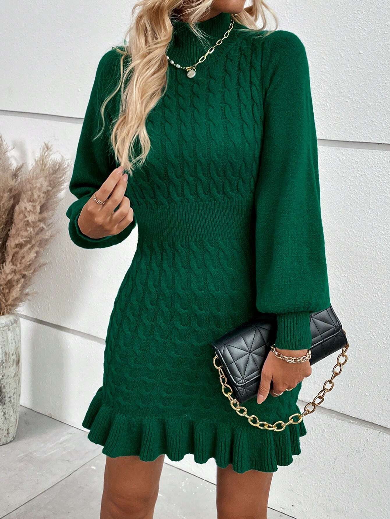 SHEIN Privé Cable Knit Lantern Sleeve Ruffle Hem Sweater Dress | SHEIN
