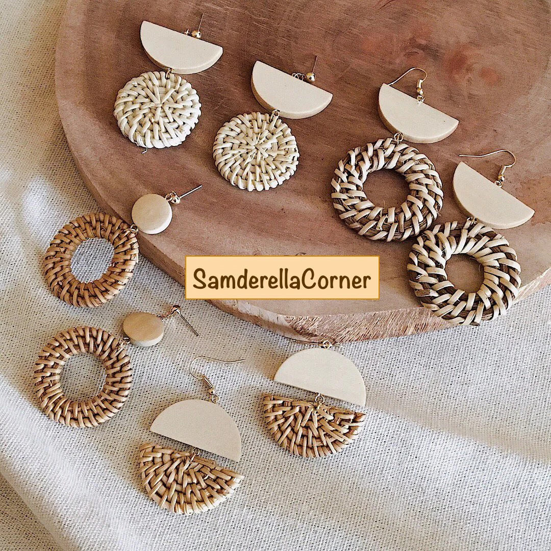 Circle Rattan Earrings | Wicker Earrings | Wooden Earrings | Summery Earrings | Circle Wicker Ear... | Etsy (US)