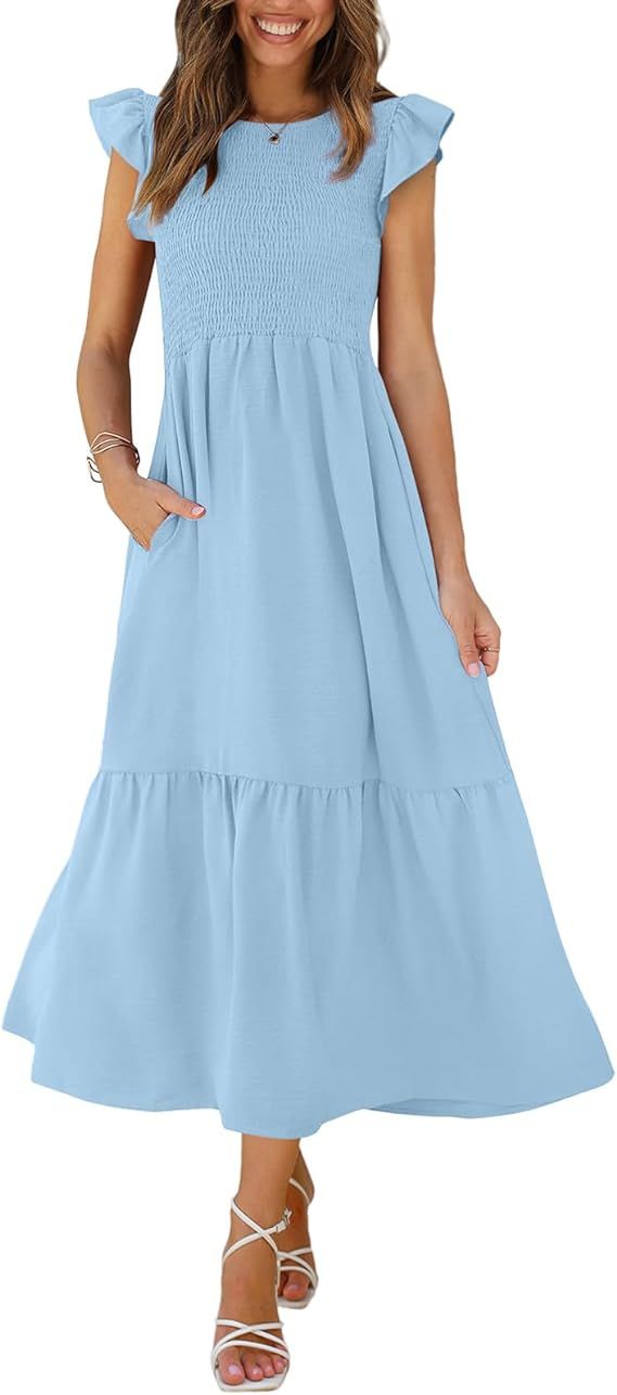 OFEEFAN Women's Casual Maxi Dresses with Pockets Ruffle Sleeve Smocked Dress XS-2XL | Amazon (US)