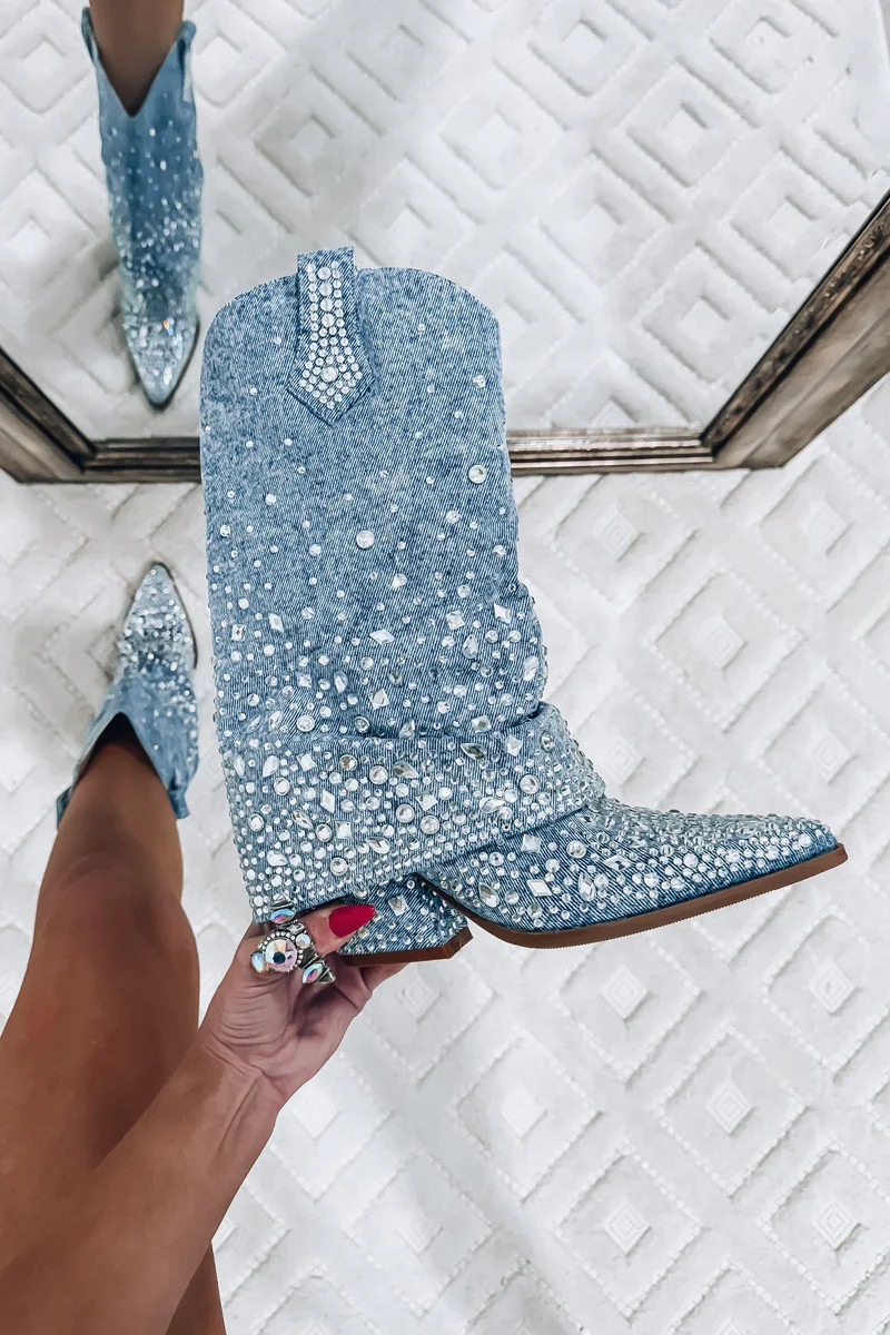 Dolly Western Ankle Denim Rhinestone Boots | Matte Blaque