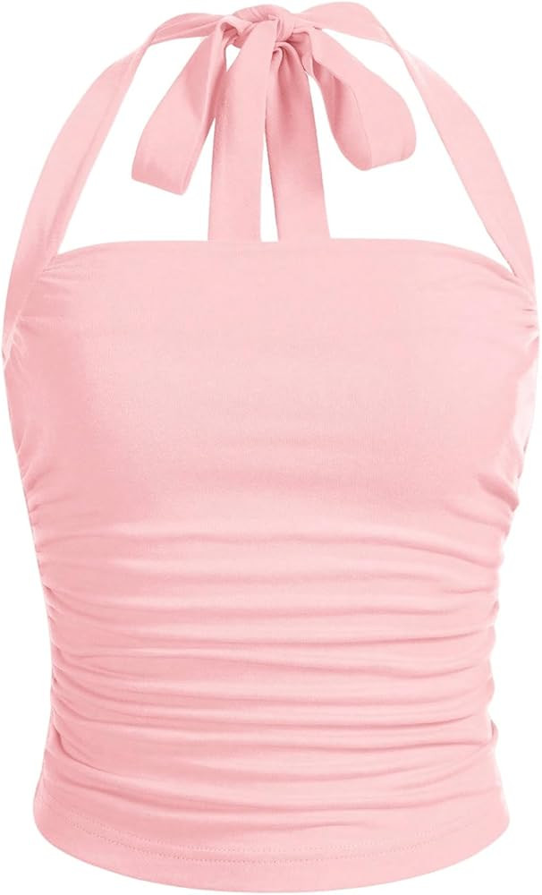 SOLY HUX Women's Ruched Halter Y2K Crop Tops Tie Back Sleeveless Slim Fit Cami Tops | Amazon (US)
