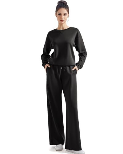 SUUKSESS Women Modal 2 piece outfits Oversized Sweatshirt Fall Lounge Set Wide Leg Pants Matching Sets (Black,XS) | Amazon (US)