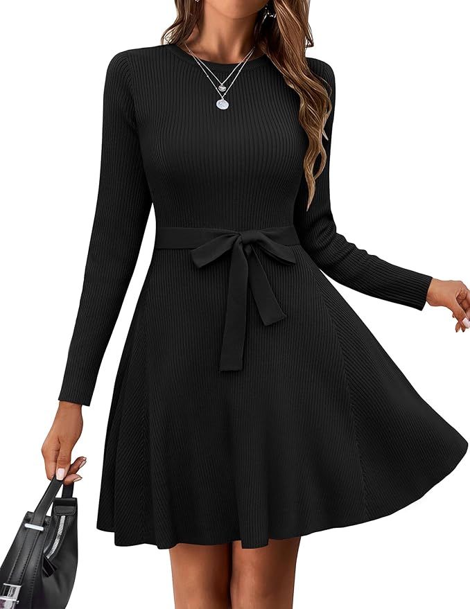 HOTOUCH Women's Fall Winter Casual Dress Crewneck Long Sleeve A-Line Sweater Dress Bodycon Ribbed... | Amazon (US)