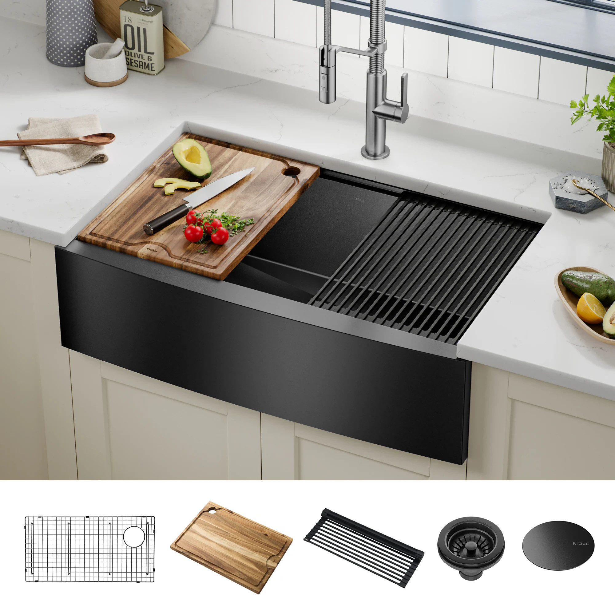 Kraus Kore Farmhouse apron front 32.88-in x 20.25-in Stainless steel Single bowl 16 -Gauge Workstation Kitchen Sink one_size in Black | KWF210-33/PGM | Lowe's