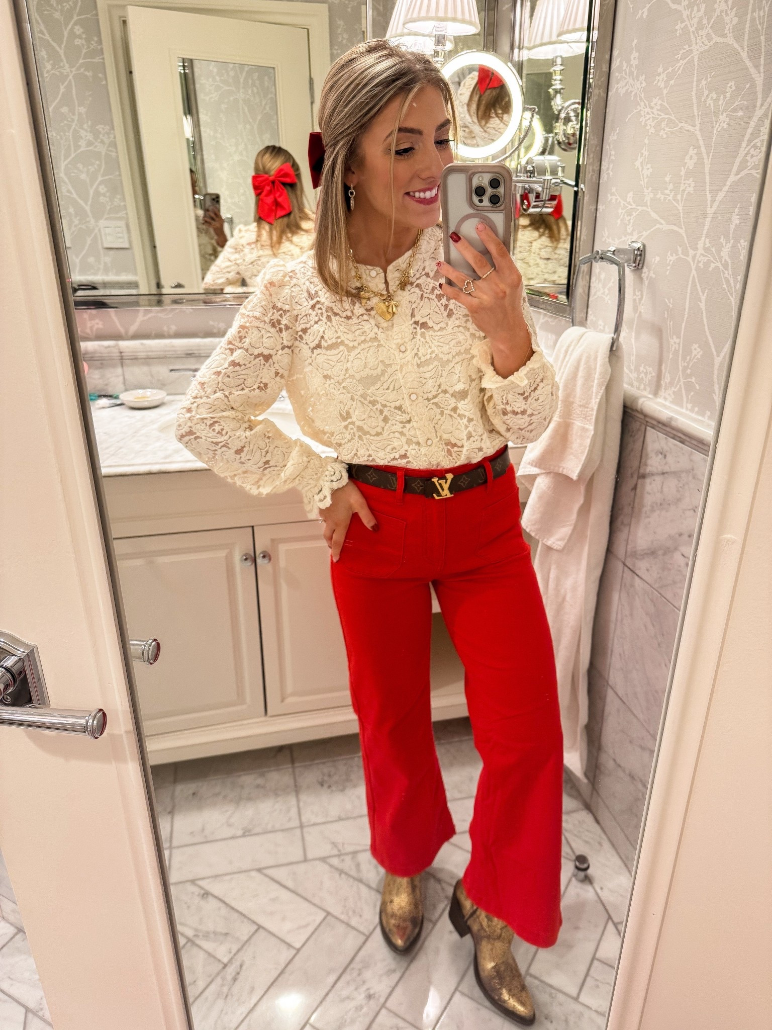 Charleston day outfit, but make it affordable + chic ✨🤍
This look is one of my favorites for strolling around Charleston today 

Wearing a Walmart lace blouse that looks SO much more expensive than it is 🤍 paired with my Amazon red jeans that add the perfect pop of color. The high-waisted fit is super flattering and makes this outfit feel polished but still comfortable for walking, shopping, and sightseeing.

This is such a great holiday-ready outfit, Southern travel look, or even a dressy casual daytime outfit — just swap shoes or accessories to dress it up or down. Proof that you don’t need designer prices to look put together ✨

Everything is linked and easy to shop in the LTK app 🤍

#CharlestonStyle #CharlestonOutfit #WalmartFashion #AmazonFashionFinds #AffordableFashion #SouthernStyle #HolidayOutfitInspo #RedJeans #LaceBlouse #BudgetStyle #LTKFinds #LTKStyle #EverydayOutfit #ClassicStyle #TravelOutfitInspo