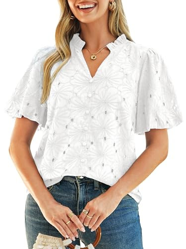 Simplee Womens Summer Tops Trendy Dressy Casual V Neck Puff Sleeve Eyelet Hollow Out Embroidered ... | Amazon (US)