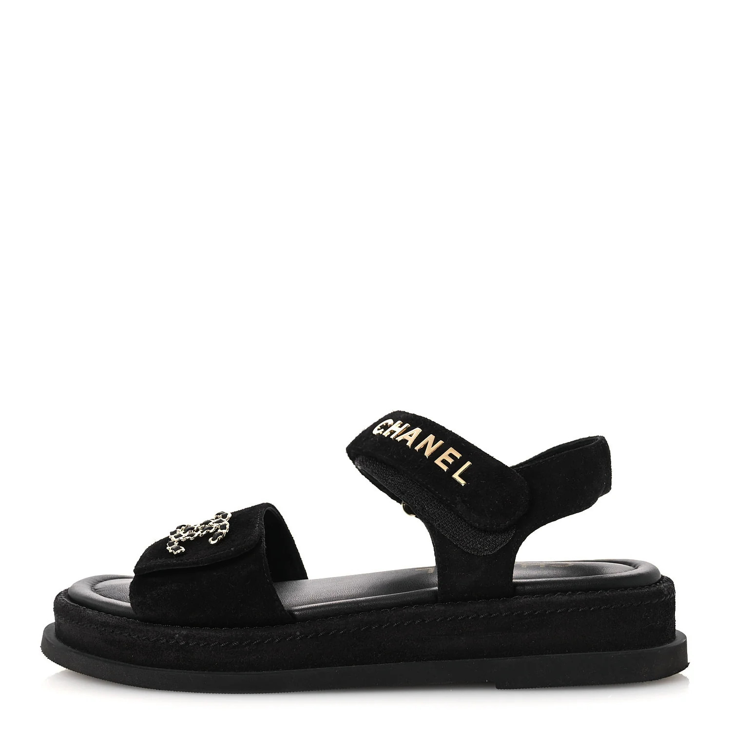 Chanel Suede Calfskin Dad Sandals 38 Black 1858650 | FASHIONPHILE (US)