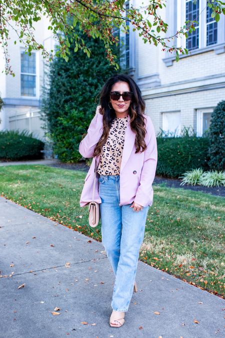 Blush blazer
Straight leg jeans 
CoalfieldFancy is wearing a size small in the blazer and a 26 in the jeans .

#LTKover40 #LTKxPrime #LTKfindsunder50