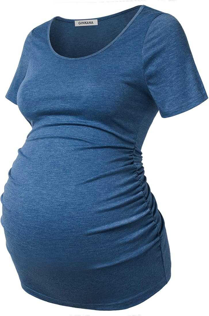 GINKANA Short Sleeve Maternity Tops Shirts Floral Ruched Sides Casual Mama Pregnancy Blouses Clot... | Amazon (US)