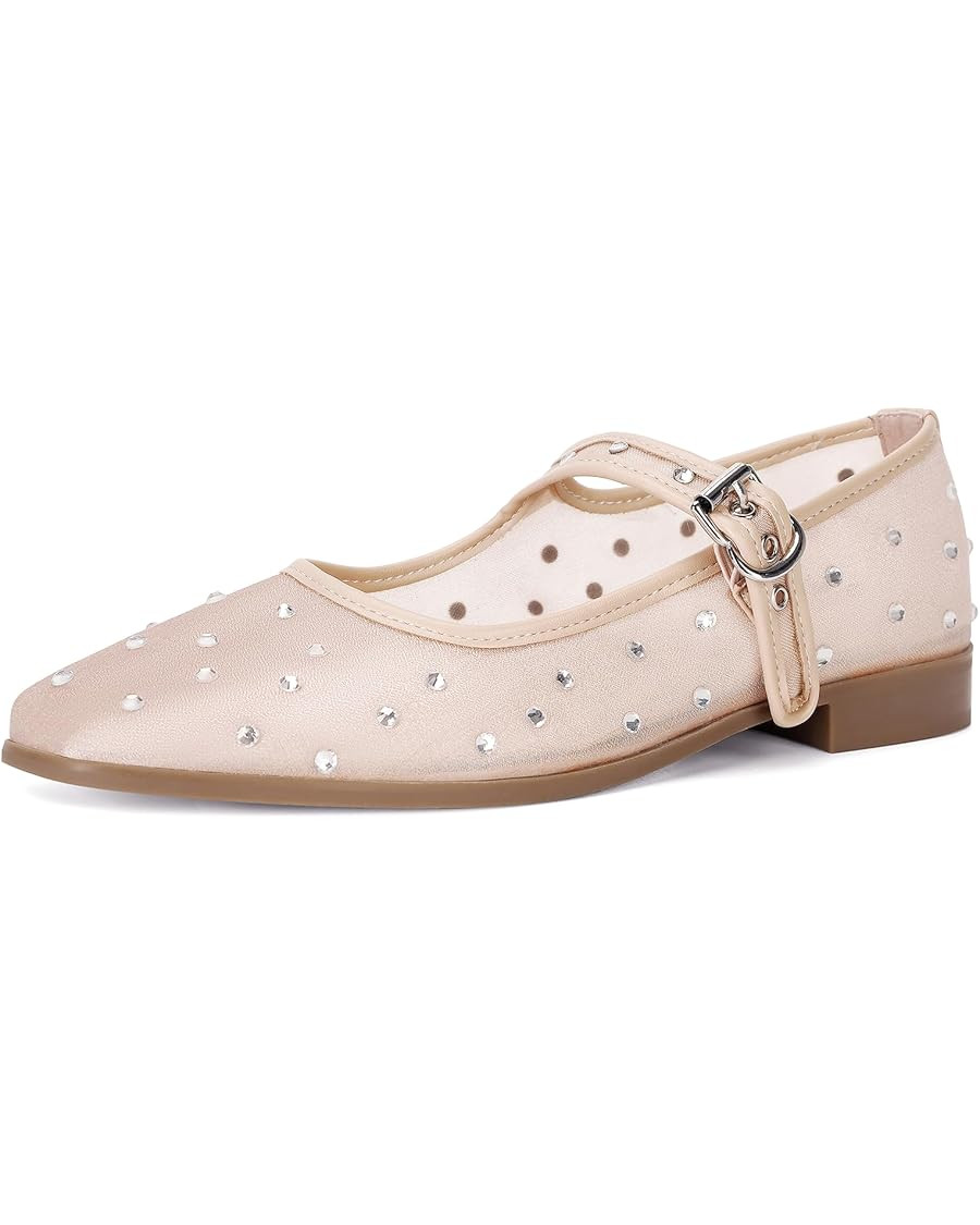 DOEYG Rhinestone Mary Jane Flats for Women Sparkly Ballet Flats with Buckle Strap Square Toe Embe... | Amazon (US)