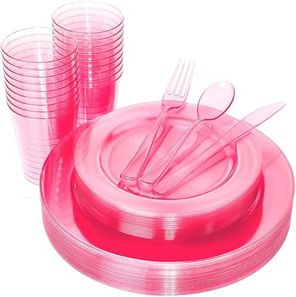 WDF 25 Guest Pink Plates with Disposable Plastic Silverware&Pink Cups-Neon Clear Plastic Dinnerwa... | Amazon (US)