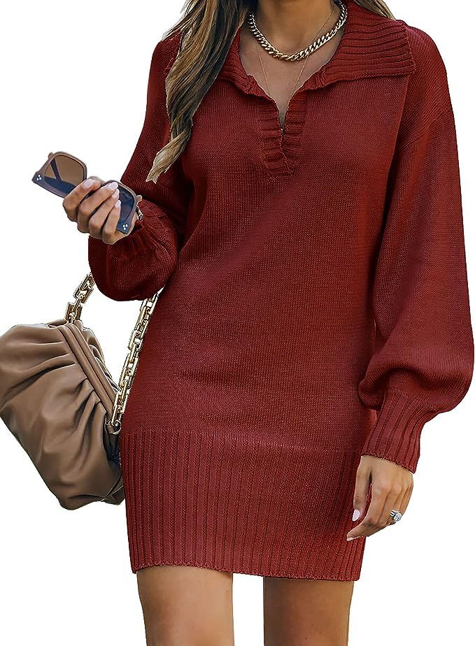 BTFBM Women Casual V Neck Knit Mini Sweater Dresses Long Sleeve Loose Fit Solid Color Ribbed Hem ... | Amazon (US)