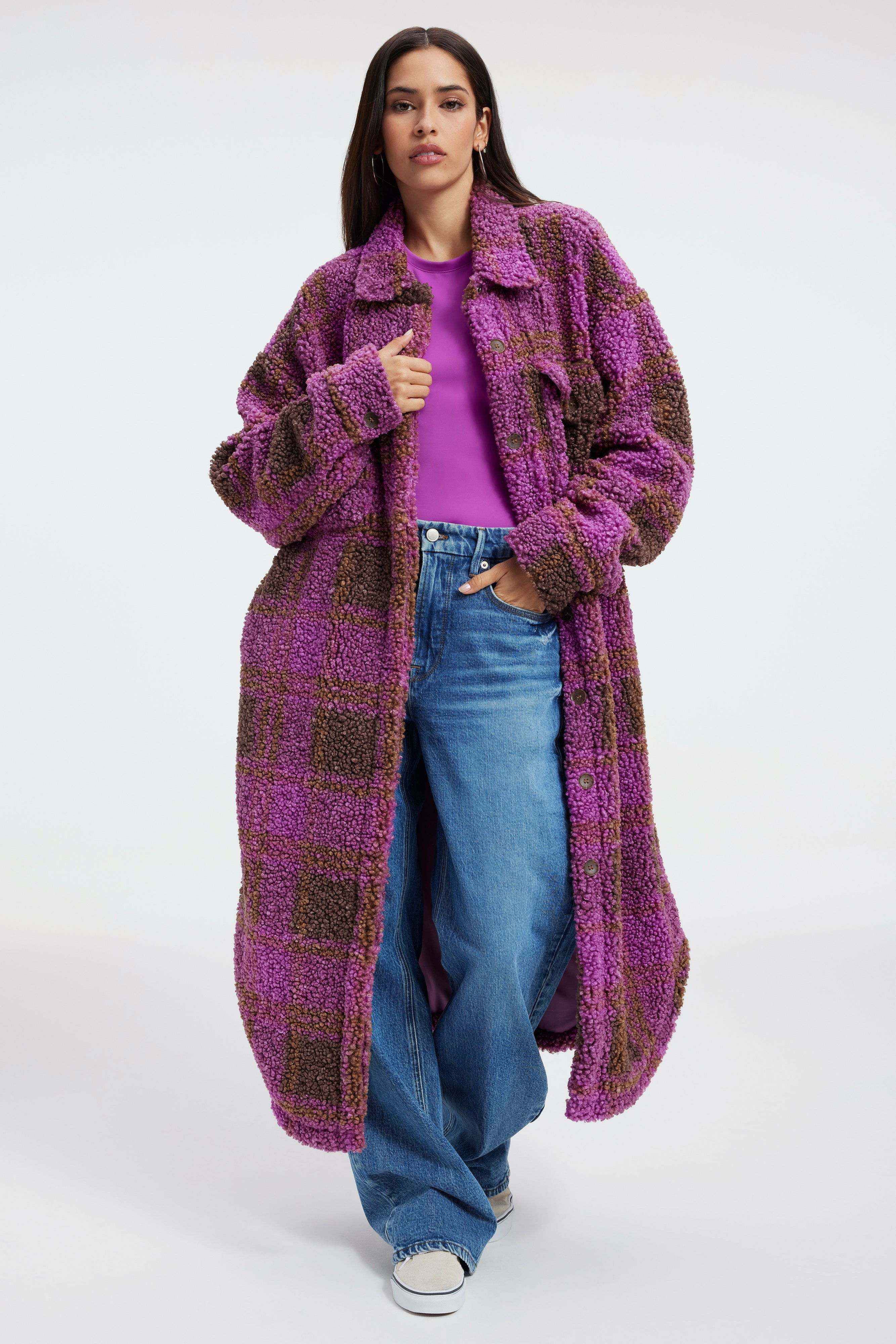 LONG SHERPA SHACKET | POWER PURPLE LARGE PLAID | Good American