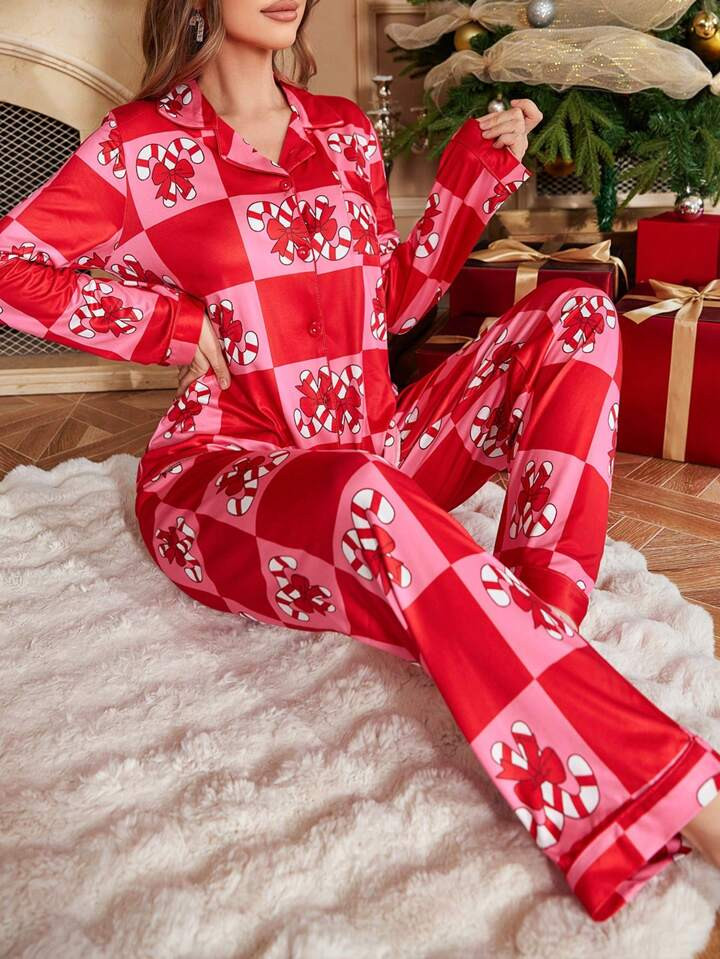 SHEIN SweetSlumber Christmas Santa Claus, Gingerbread, Snowman, Candy Cute Winter Women Pajama Se... | SHEIN