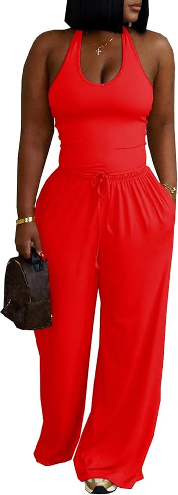 Women's 2 Piece Outfits Racerback Tank Crop Top Flowy Wide Leg Pants Beach Vacation Resort Sets | Amazon (US)