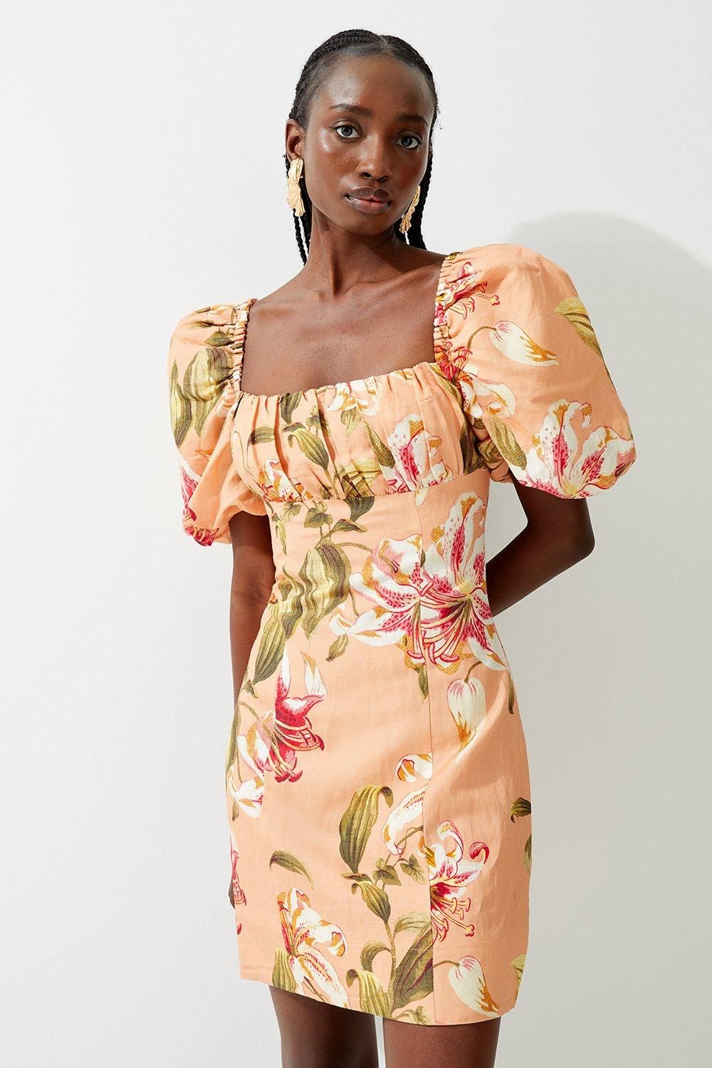 Floral Viscose Linen Woven Puff Sleeve Mini Dress | Karen Millen US