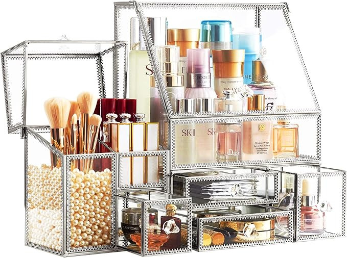 Stackable 3Pieces Drawer Set Glass Makeup Organizer Antique Countertop Vanity Cosmetic Storage Bo... | Amazon (US)