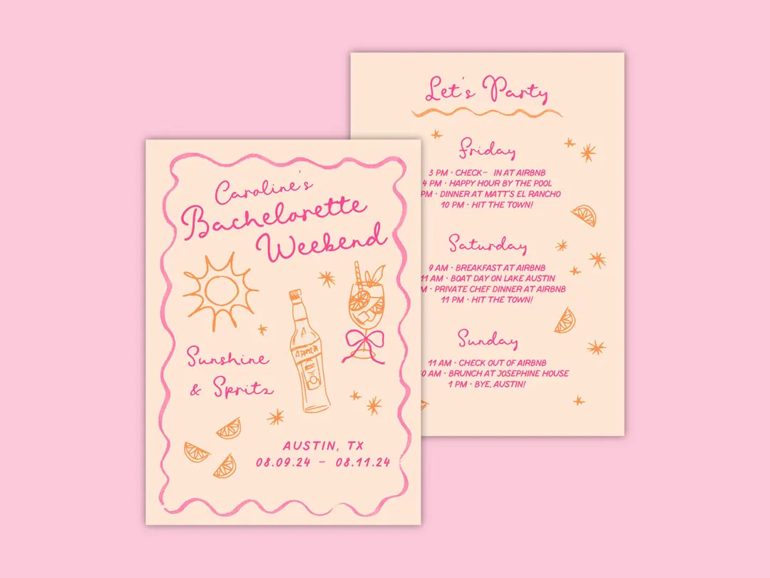 Spritz Bachelorette Party Itinerary Template Canva Pink and Orange Bachelorette Invitation, Beach... | Etsy (US)