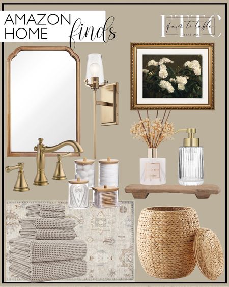 Amazon Home Finds. Follow @farmtotablecreations on Instagram for more inspiration.

POLYTE Oversize, 60 x 30 in., Quick Dry Lint Free Microfiber Bath Towel Set, 6 Piece (Beige, Waffle Weave). COCORRÍNA Reed Diffuser. nuLOOM Krystin Distressed Machine Washable Area Rug. Tbestmax 4 Pack Qtip Holder Bathroom Container.  WallBeyond Wood Bathroom Mirror. Kichler, Alton 22.25 inch 1 Light Wall Sconce with Clear Seeded Glass in Champagne Bronze. Decorative Found Wood Board. Rail19 Flora Fluted Foaming Soap Dispenser | Vintage-Inspired Modern Glass Refillable Pump Bottle for Bathroom Vanity. ARPEOTCY Vintage Still Life Gold Framed Wall Art, White Roses Retro Paintings. DELTA 79735-CZ Cassidy Towel Hook.  Bathroom Finds. Neutral Bathroom Decor. Neutral Decor. Amazon Decor. Amazon Home Finds. Amazon Decor. Affordable Home Decor. Casafield Round Storage Basket with Lid. 


#LTKSaleAlert #LTKFindsUnder50 #LTKHome