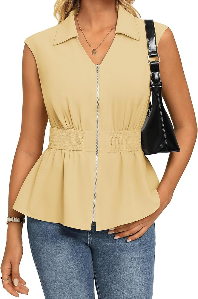 GRACE KARIN Womens Peplum Tops Business Casual,Short Sleeve Work Blouses Summer,Zipper V Neck Shi... | Amazon (US)