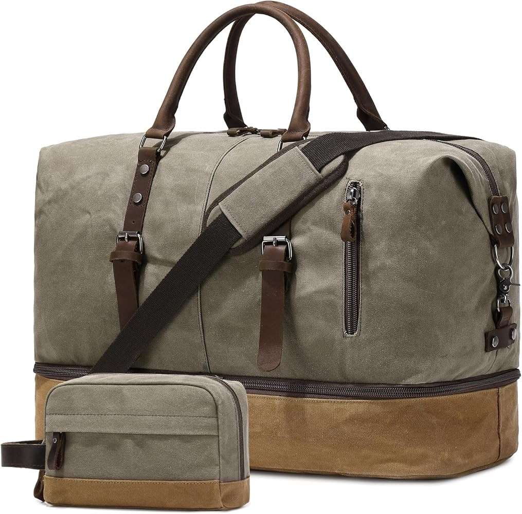 FENGDONG Green Waxed Canvas & Leather Duffel Bag, 20.8 x 9.8 x 14.9 inches, 45L, Separate Shoes C... | Amazon (US)