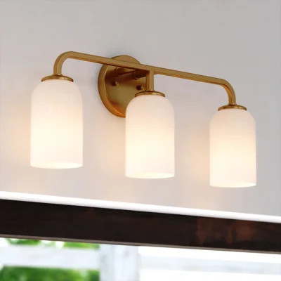 Shelby 3 Light Gold Brass Transitional Bathroom Vanity Fixture White Glass | Wayfair North America