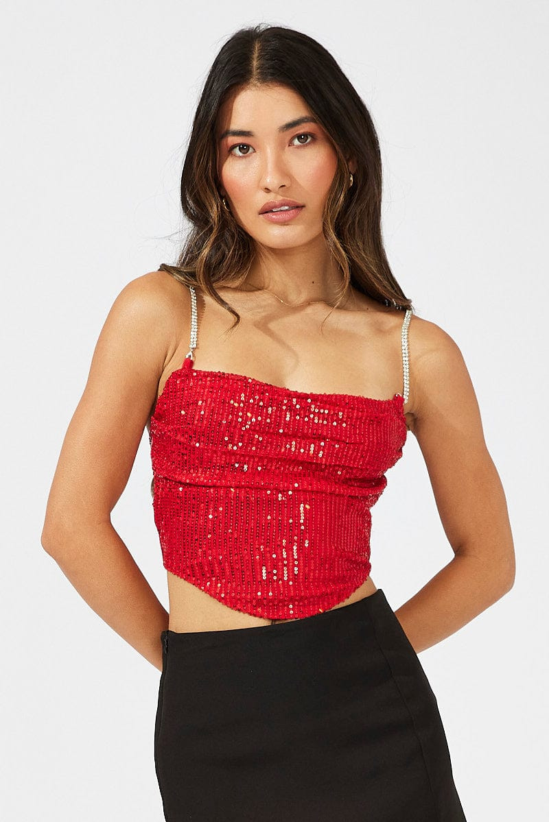 Red Sequins Cami Cowl Neck Crop | Ally Fashion (US, Australia & New Zealand)