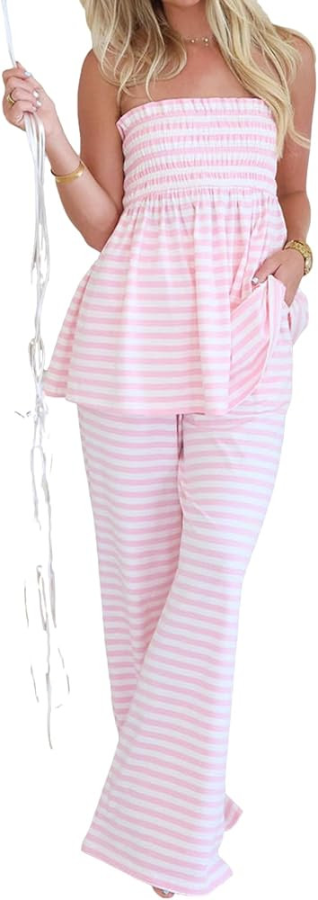 Women Striped 2 Piece Set Strapless Tube Top Wide Leg Pants Summer Casual Matching Loungewear for... | Amazon (US)
