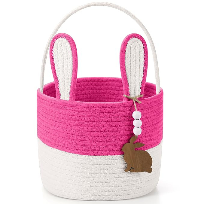 Easter Basket for Kids, Easter Bunny Basket with Name Tag Detachable Rabbit Ear Rustic Woven Gift... | Amazon (US)
