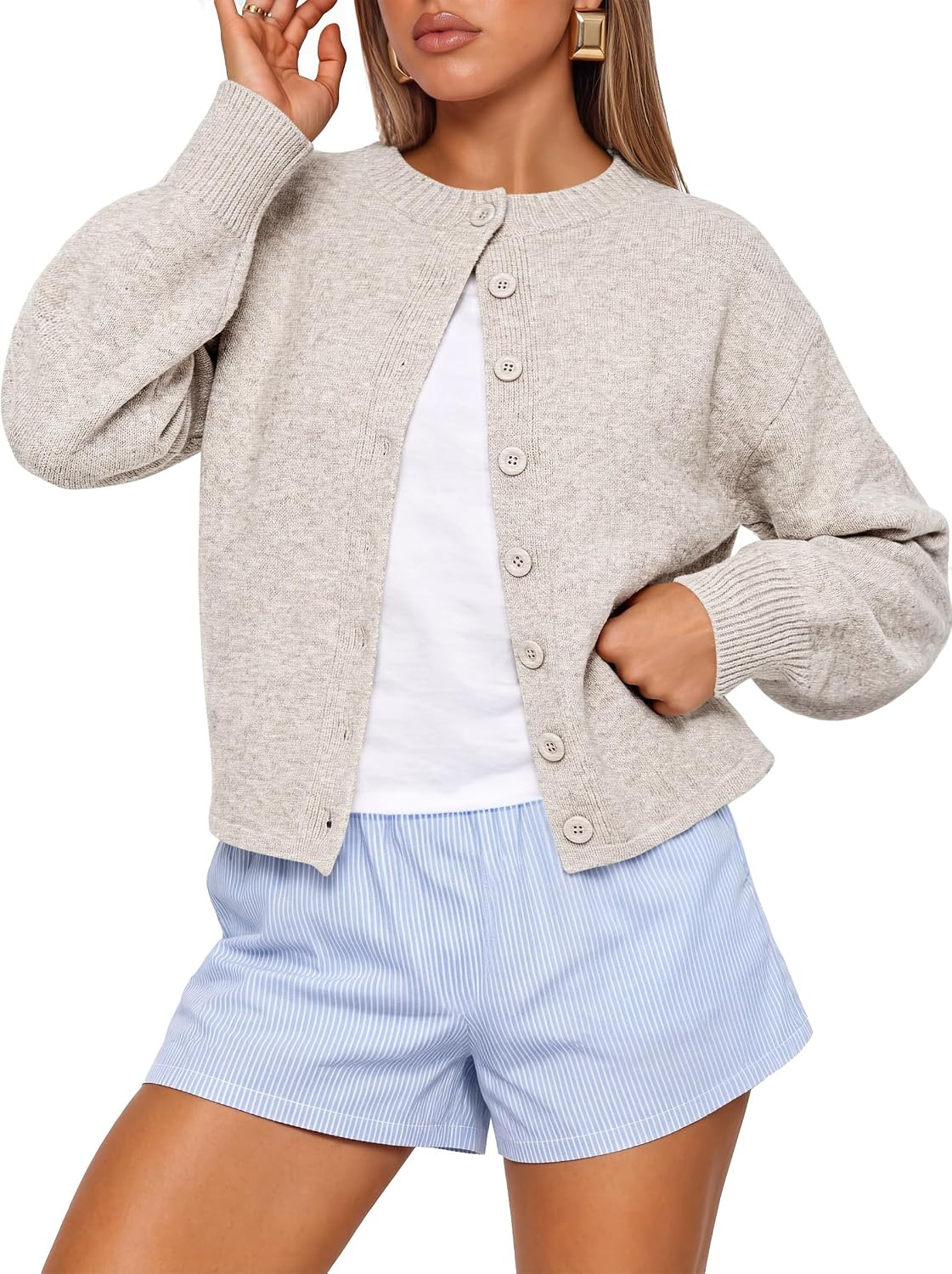 ANRABESS Cardigan Sweaters for Women Loose Fit Button Down Puff Sleeve | Amazon (US)