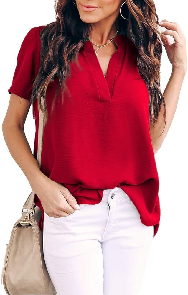 Allimy Women Summer Casual Split V Neckline Chiffon Blouses Loose Tunic Short Sleeve Tops | Amazon (US)