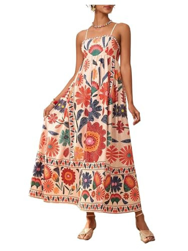 Floerns Women's Spaghetti Strap Tropical Dress Shirred Vacation Cami Maxi Dress Apricot Multi Large | Amazon (US)