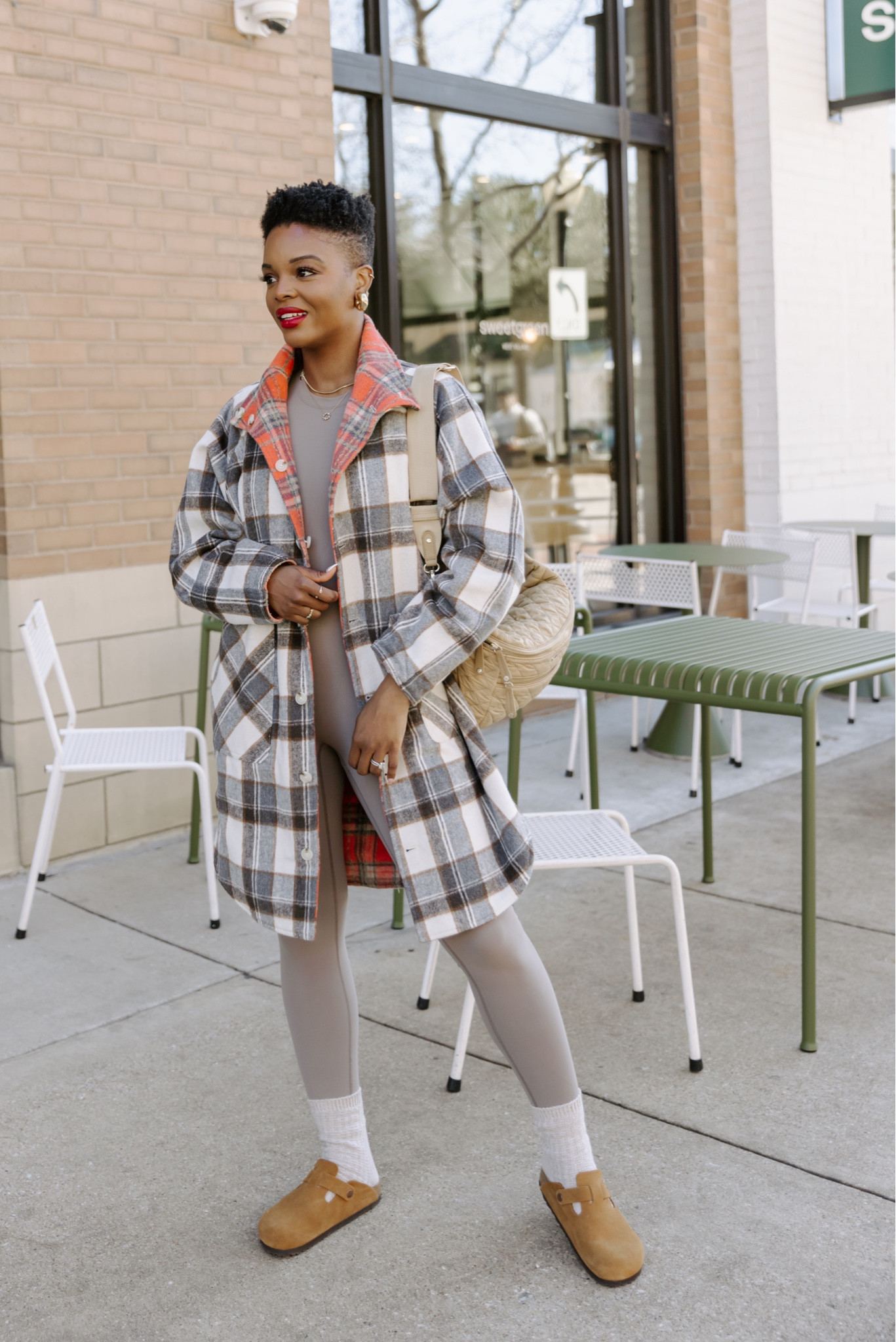 Comfy Casual Everyday Outfit ft. Blank NYC Shacket, Aritzia Jumpsuit, MZ Wallace Crosby Sling in Camel, and Birkenstock Clogs! 