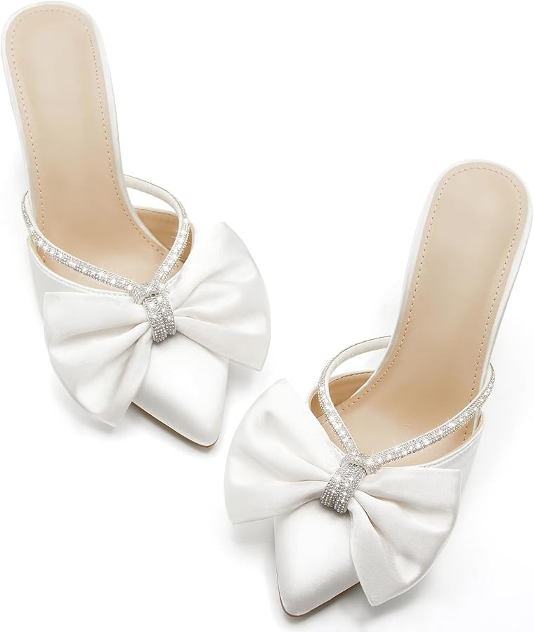 Coutgo Womens Bow Heels Mules Pointed Closed Toe Sandals Rhinestone Satin Backless Wedding Shoes | Amazon (US)