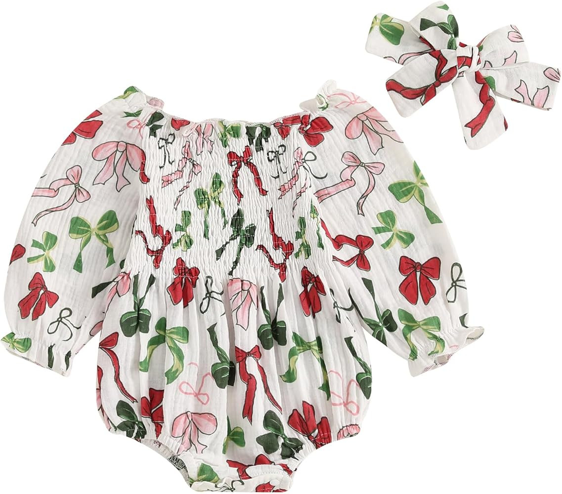 Lamuusaa Newborn Baby Girl Christmas Outfit Bow Print Smocked Romper Cotton Linen Bodysuit Jumpsu... | Amazon (US)