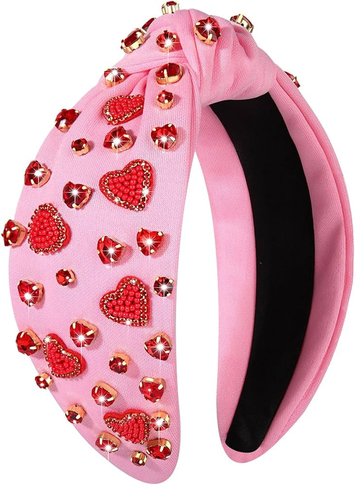 CEALXHENY Valentine's Day Hairband for Women, Red Pink Rhinestone Heart Headband, Knotted Headban... | Amazon (US)