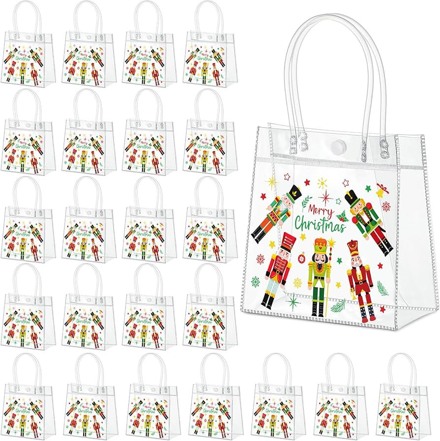 Harloon 24 Pcs Christmas Clear Gift Bags with Handles Plastic Christmas Candy Treat Party Gift Ba... | Amazon (US)