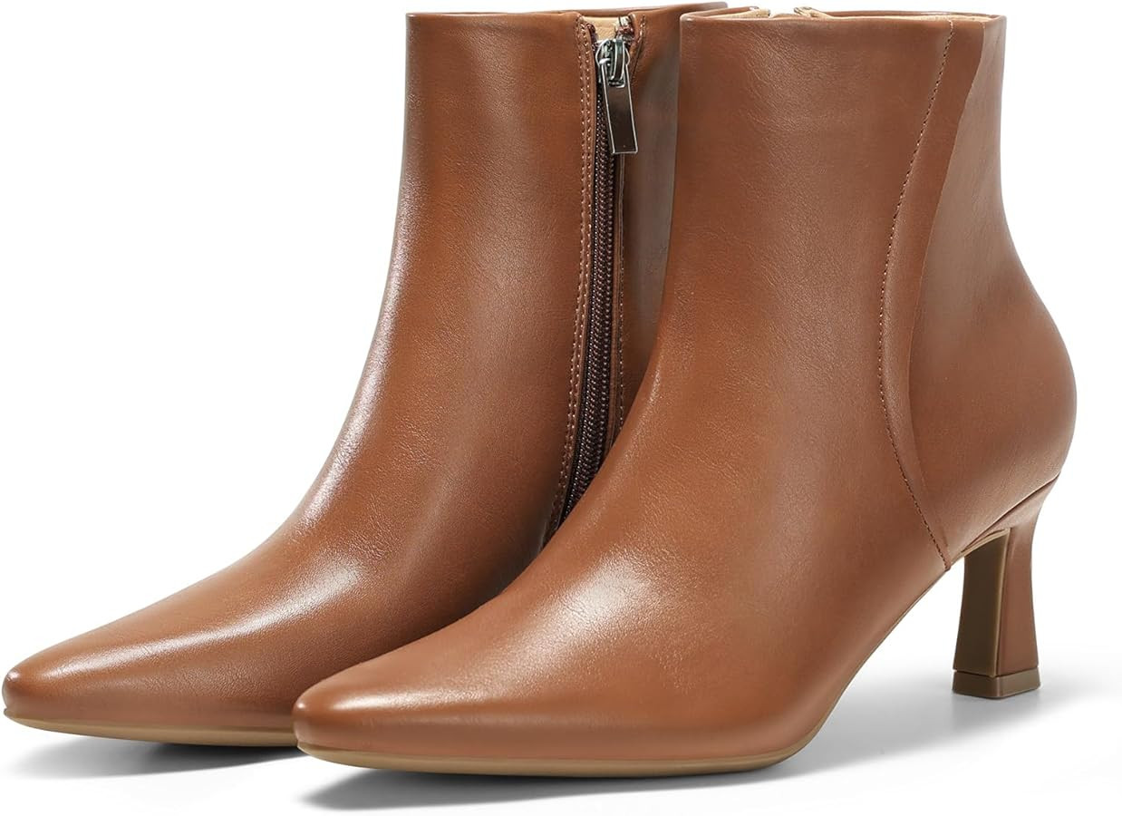 Coutgo Womens Ankle Boots Kitten Low Heel Closed Pointed Booties Side Zipper Winter Dress Shoes | Amazon (US)