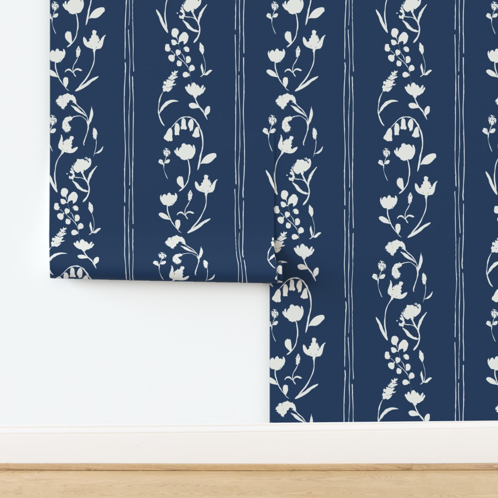 Wallpaper in Floral Stripes Deep Navy Blue and White Large Scale | Spoonflower