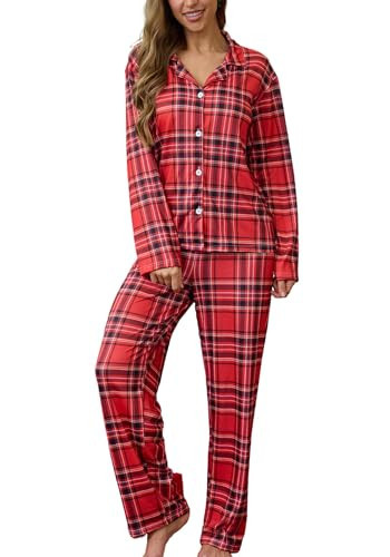 Pajamigols Christmas Pajamas for Women Set 2 Piece Cute Plaid Pj Long Sleeve Button Down lounge sets Soft Holiday Loungewear M | Amazon (US)