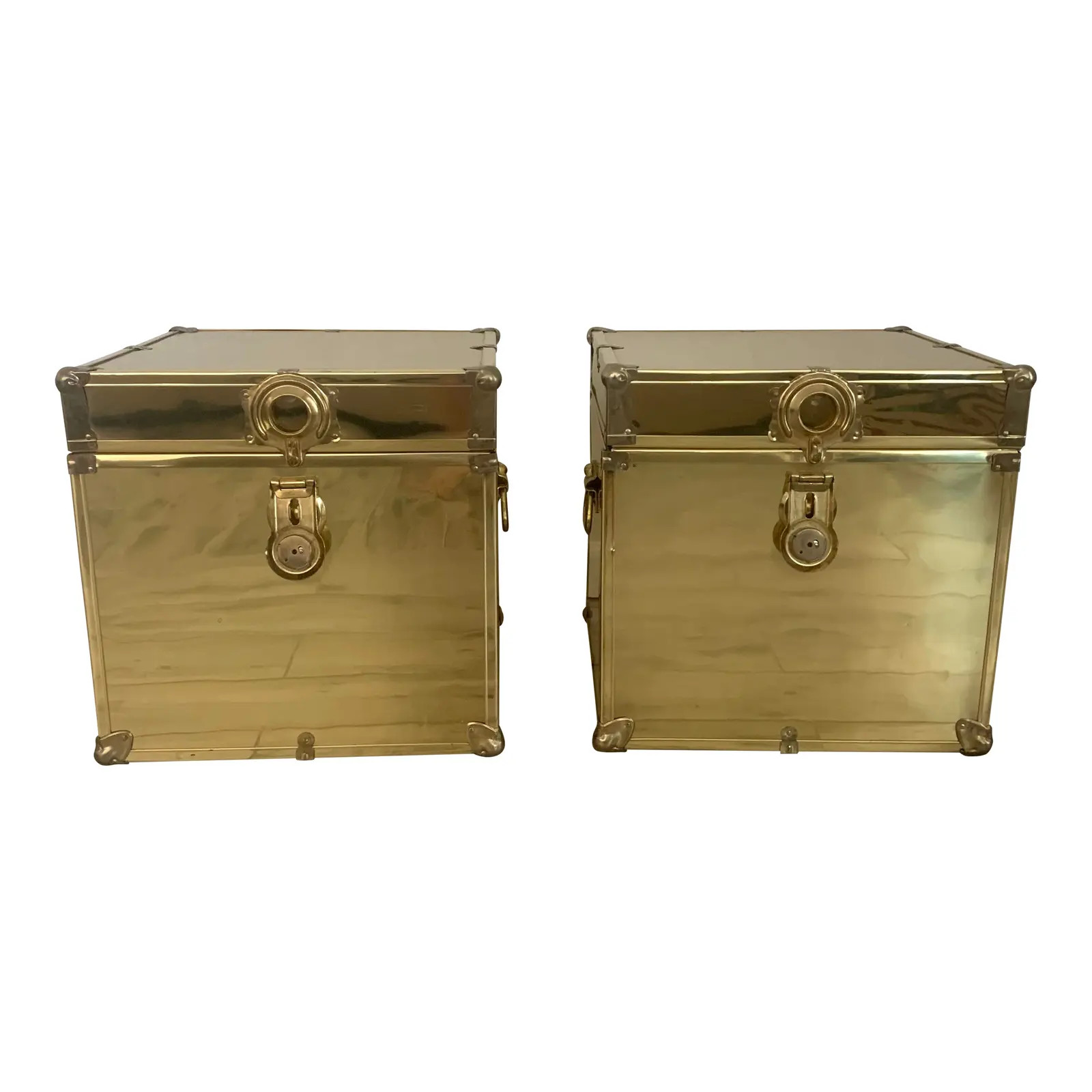1960s Pair of Sarreid Style Brass Clad Trunks | Chairish