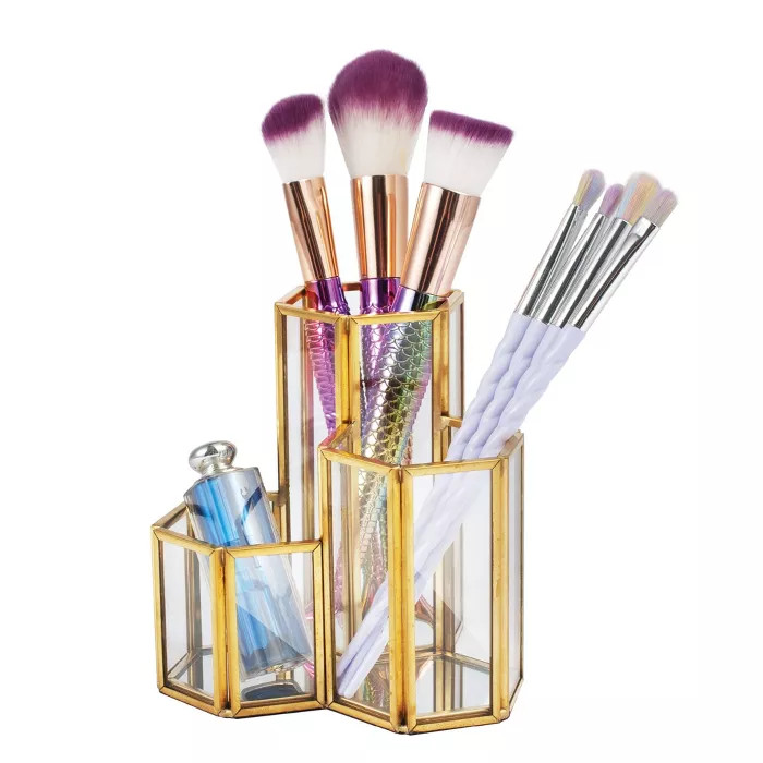 Gold Hexagon Makeup Brush and Pencil Holder, Vintage Handmade Brass & Glass Cosmetic Pen Storage ... | Target