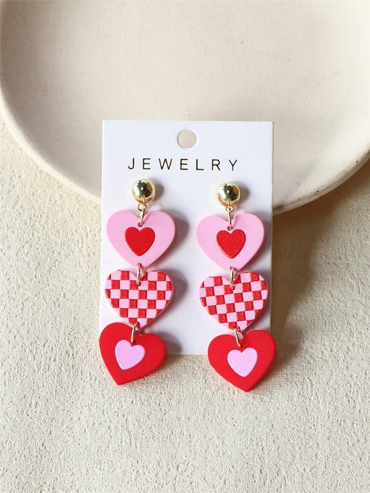 1 Pair Women's Romantic Checkerboard Heart Print Acrylic Long Earring, Sexy Party Accessories, Va... | SHEIN