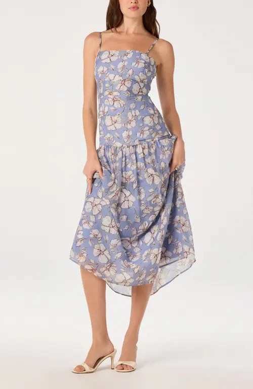 ASTR the Label Ava Floral Drop Waist Midi Dress in Blue White Floral at Nordstrom, Size Small | Nordstrom